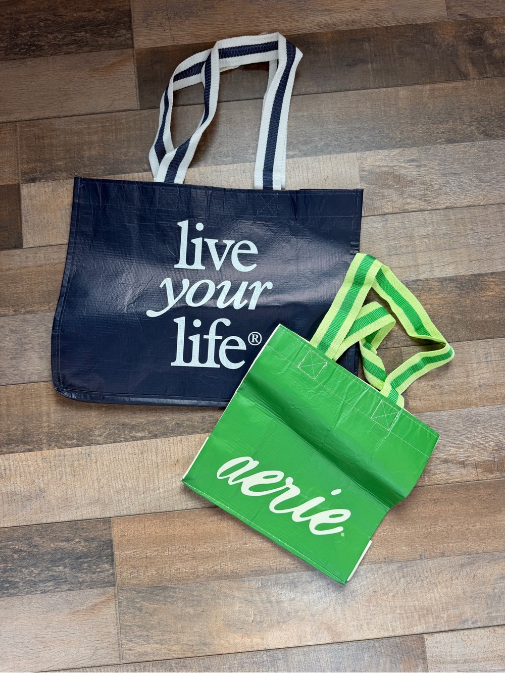 aerie Navy Tote with Cream Striped Handles and White Script